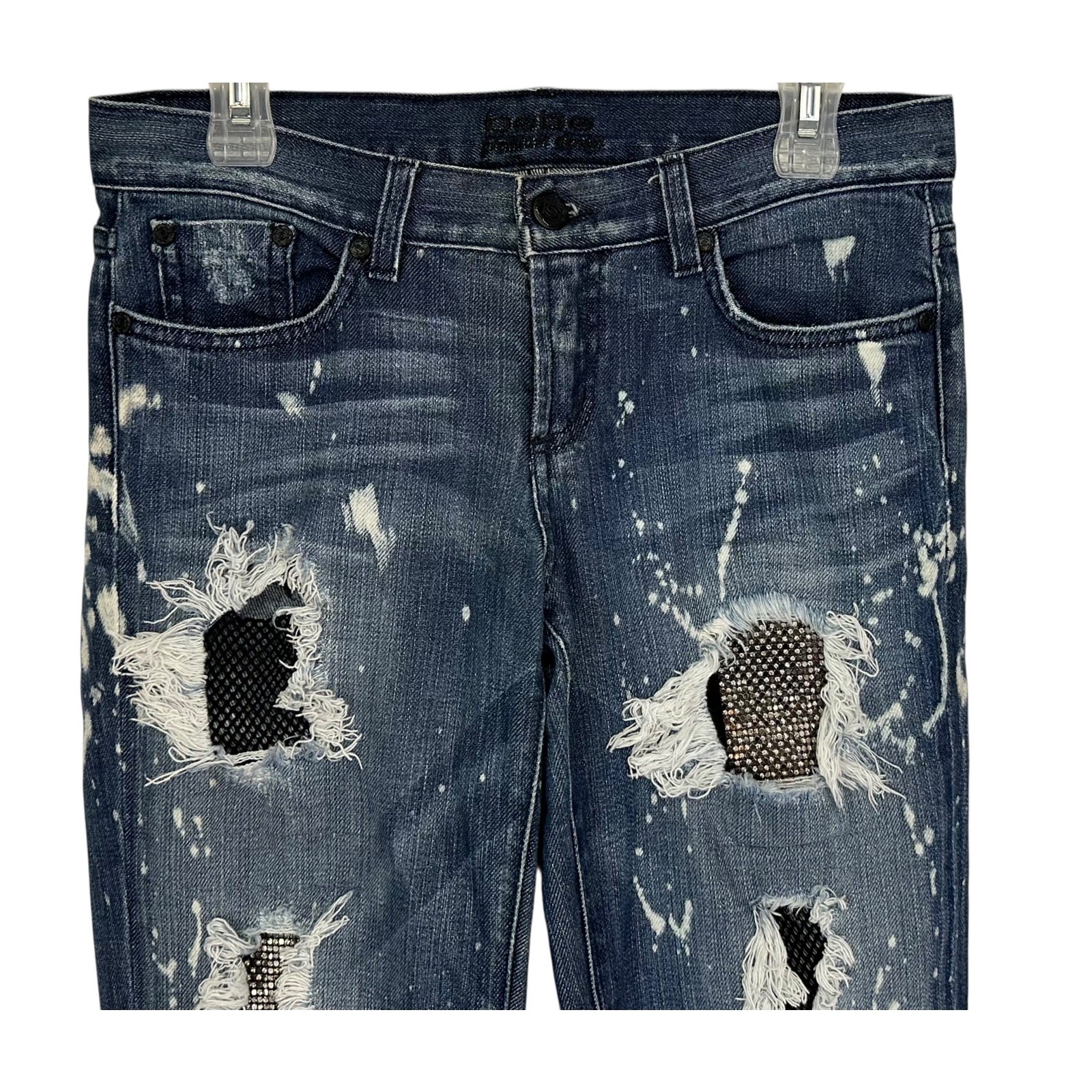 Bebe Destroyed Splatter Patchwork Rhinestone Skin… - image 3