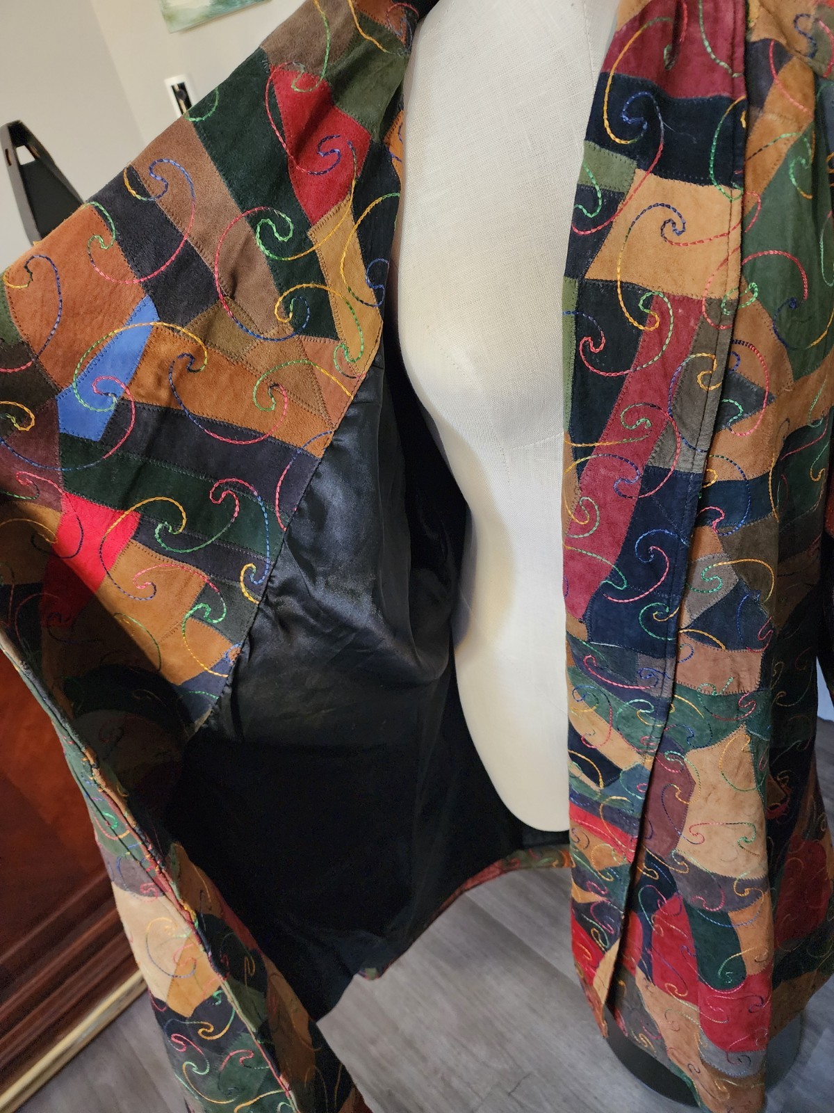 Boho Patchwork Suede Leather Duster Coat Multicol… - image 13