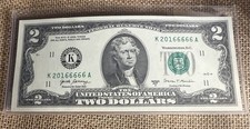 2017A 2 Two Dollar Bill Fancy Serial Number-UNC 2016 Date w/Trailing Quad 6s