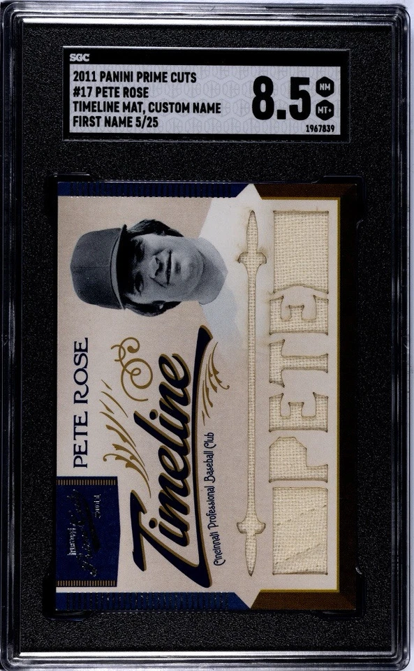 Camiseta deportiva Pete Rose SGC 8,5 2011 Panini Prime Cuts material de línea de tiempo primer nombre 5/25 Foto 2 de 3