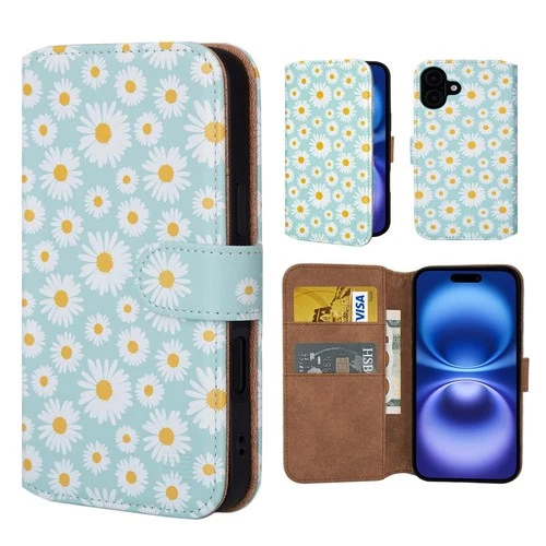 iPhone 16 Wallet Case PU Leather RFID-Blocking Magnetic Stand – Blue Daisy