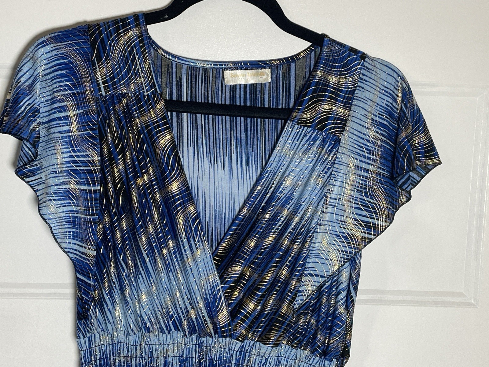 Maxi Dress Size L Blue & Metallic Gold Flutter Sleeves V-Neck Stretch Pullover-image