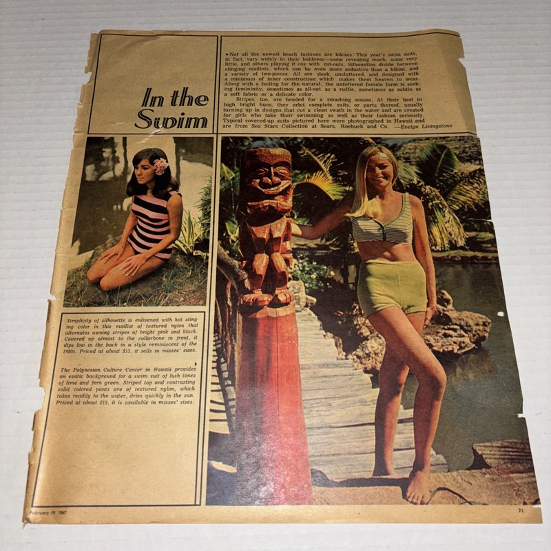Vintage 1967 Tiki Idol Swimsuit Print Ad Polynesian Cultural Ctr  MCM Tiki Decor