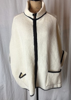 Do Everything In Love Knit Poncho Cape Sweater Ivory Black Trim Women s One Size