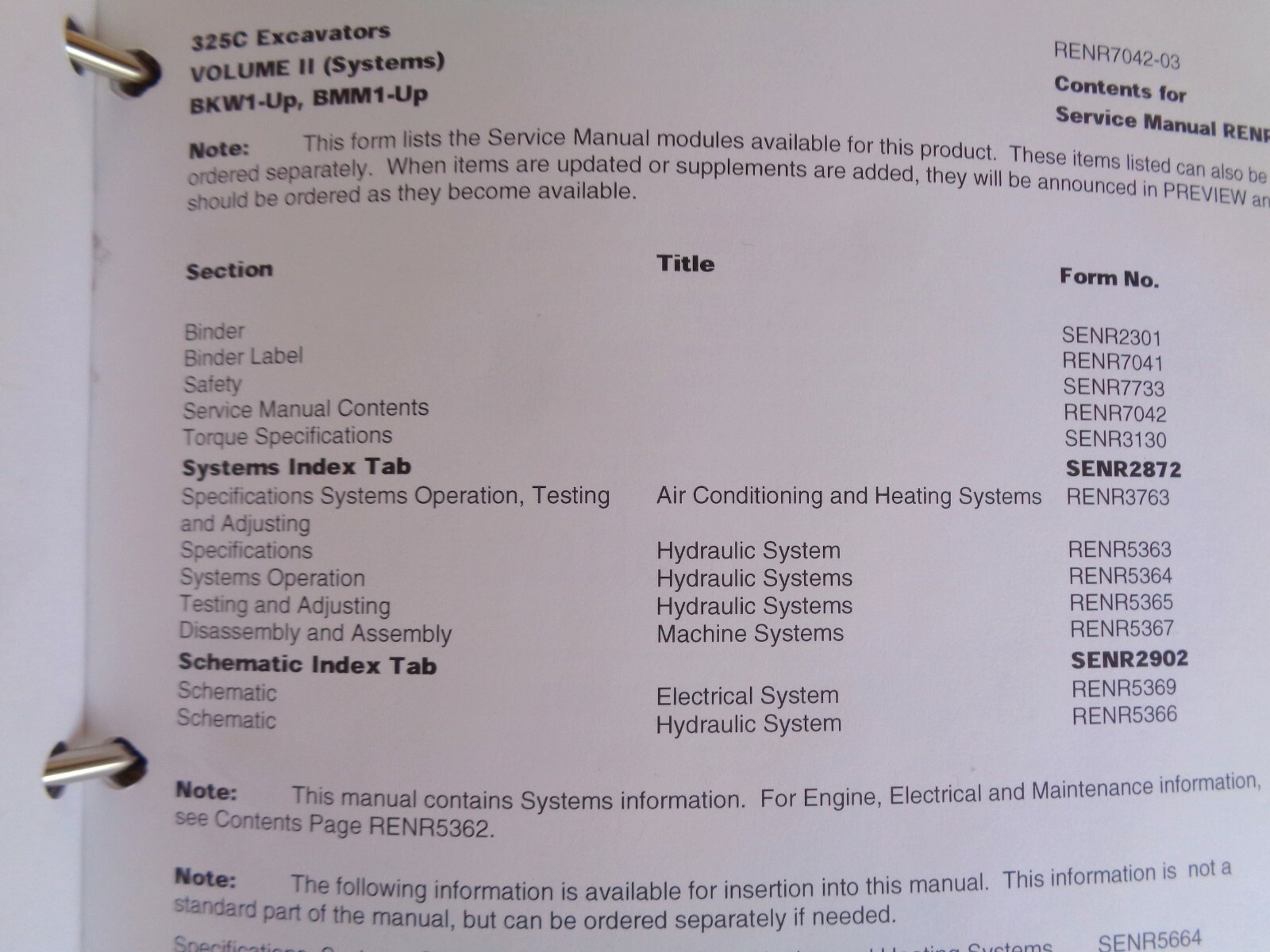 Caterpillar 325C Excavators factory service manual Vol II Systems BKW BMM OEM **
