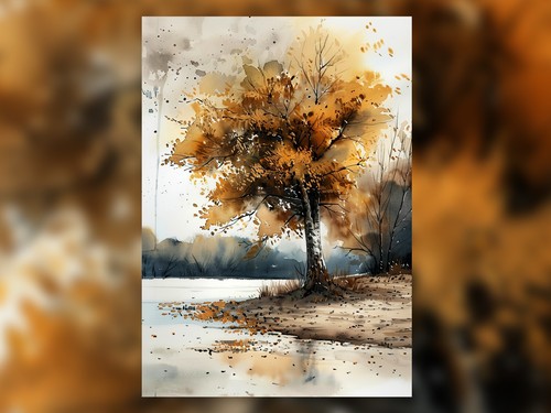 Golden Autumn Tree Painting 5"x7" Print on Matte Paper | Peaceful Fall Scene - Picture 6 of 18
