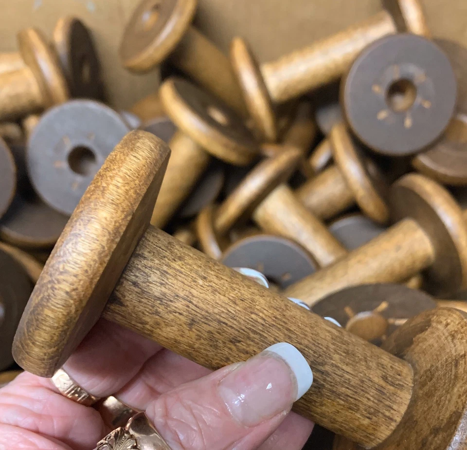 5 carretes de seda bobinas de madera plumas industriales recuperadas en fábrica textil de madera Foto 4 de 4