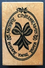 OVAL BOW MERRY CHRISTMAS NEW YEAR HOLIDAY GREETINGS PSX F-390 Wood Rubber Stamp