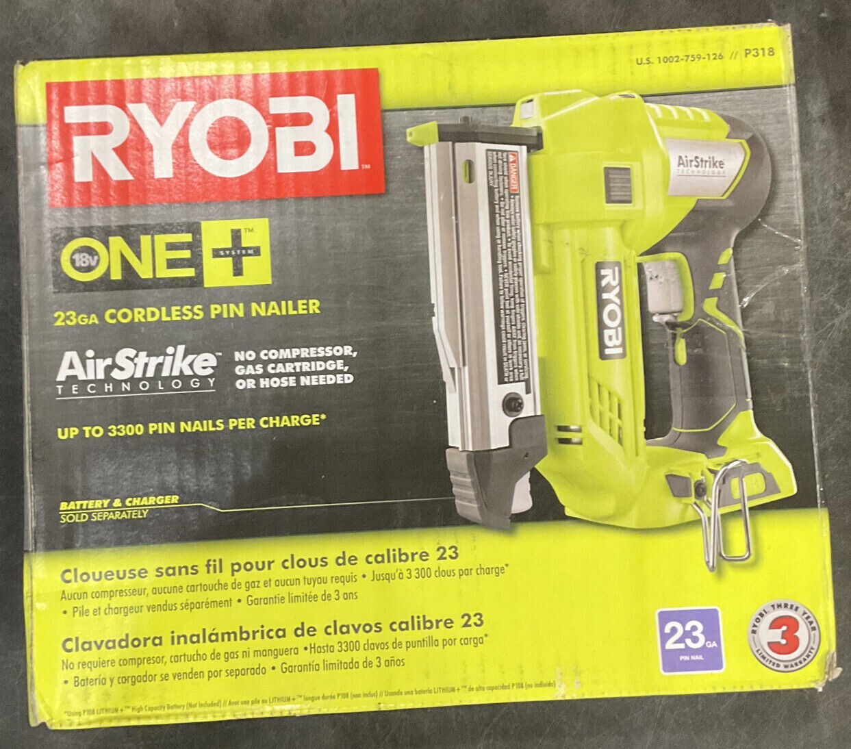 Ryobi P318 Cordless Pin Nailer 23 Gauge 18V ONE+ AirStrike-TOOL ONLY