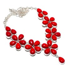 Red Coral Gemstone 925 Sterling Silver  Handmade Jewelry Necklace Size 18"