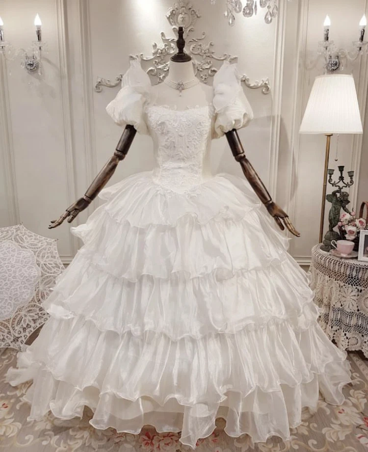 Organza Wedding Dresses with Bow Short Puffy Sleeves Ruffled A Line Bridal Gowns - Image 2 of 4