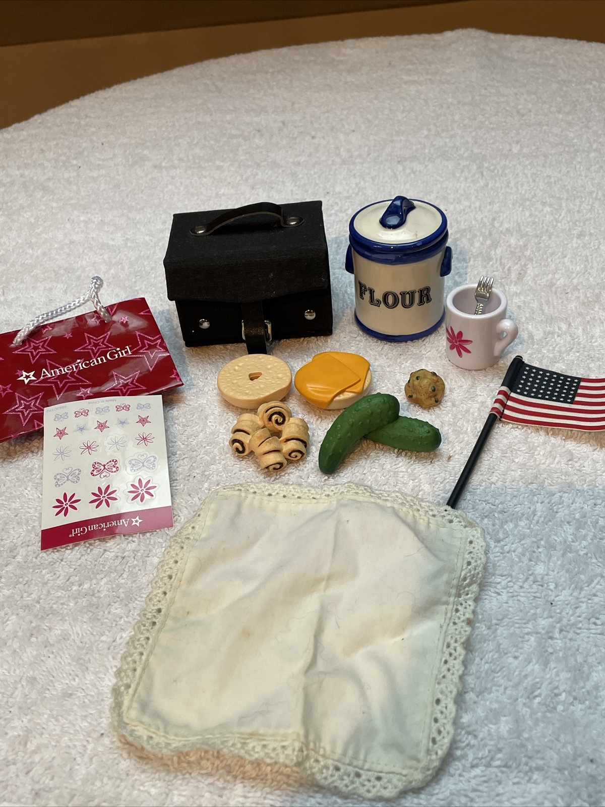American Girl Doll Rebecca's School Set Lunch Retired Plus Flour And Mug Sticker