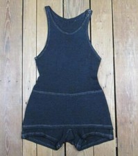 Vintage 1910s Mens Black Wool Knit Swimsuit Antique Bathing Suit Beach Swimwear