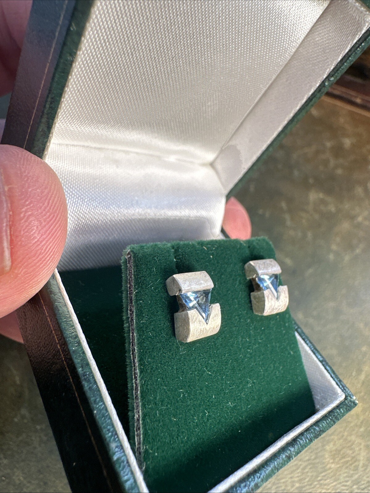 Triangular Cut Blue Tourmaline Brushed Hallmarked… - image 5