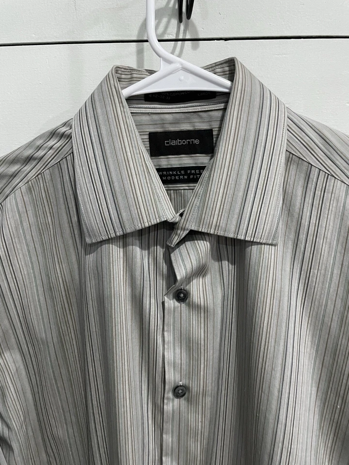 CLAIBORNE Manga Larga Abotonada Para Hombre 16 Rayas Sin Arrugas Calce Ajustado 34/35 Grande Foto 2 de 4