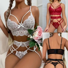 Womens Lingerie Set with Garter Sexy Bra Panty Set Lace Teddy Bodysuit Sleepwear