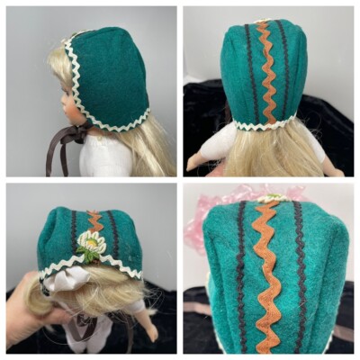 Vtg Doll Hat Bonnet Felt Green Bric-Brac Trim German Bavaria Style Handmade 10''