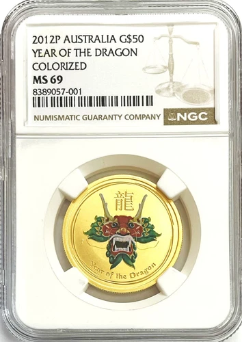 2012 P GOLD AUSTRALIA $50 LUNAR YEAR OF THE DRAGON COLORIZED NGC MINT STATE 69