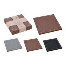 4 X Faux Leather Coasters Reversible Grey Black Tan Brown Stitched Set Of 4