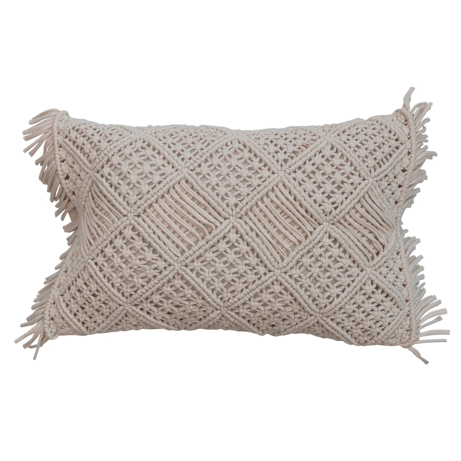 Boho Handwoven Cotton Macramé Lumbar Pillow with Ivory Fringe