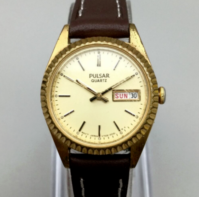#ad Pulsar Watch Women V783 0030 23mm Gold Tone Dial Brown Leather Band New Battery $21.24