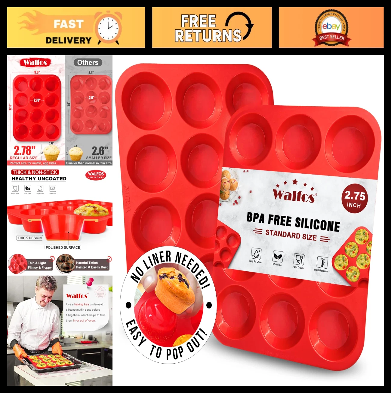 12-Cup Silicone Muffin Pan Set - Non-Stick, BPA Free, Dishwasher Safe, Bake Muff