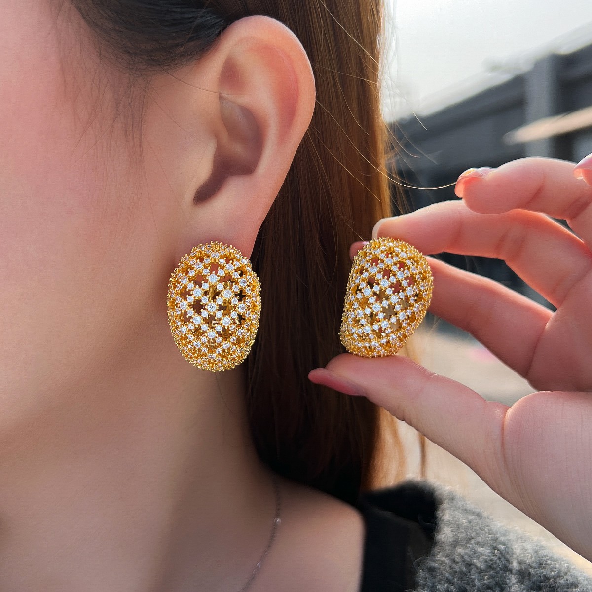 Hollow Out Round Cubic Zirconia Paved Gold Plated Hoop Earrings for Women Party