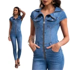 Light Skinny Stretch Zip Up Denim Jeans Jumpsuit Short Sleeve Jumpsuit @