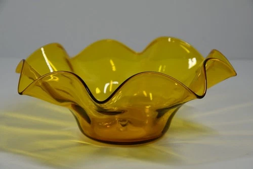Vintage Blenko Yellow Blown Glass Ruffled Console Bowl Pontil Mark MCM Decor