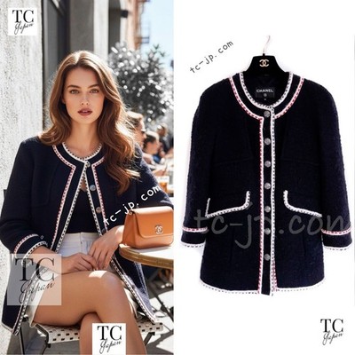 CHANEL 18PA Dark Navy Red Ivory Tricolor Braid Trim Wool Tweed Jacket Coat 36 38