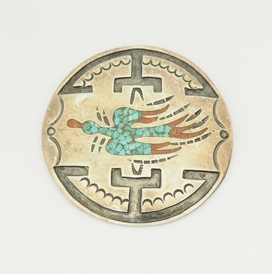 Southwestern sterling silver inlaid coral turquoise flying bird pin or pendant