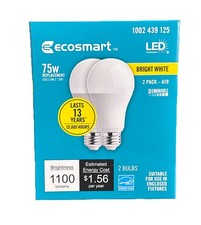 EcoSmart 75W Equivalent A19 LED Light Bulbs Bright White 1100 Lumens 2-Pack New