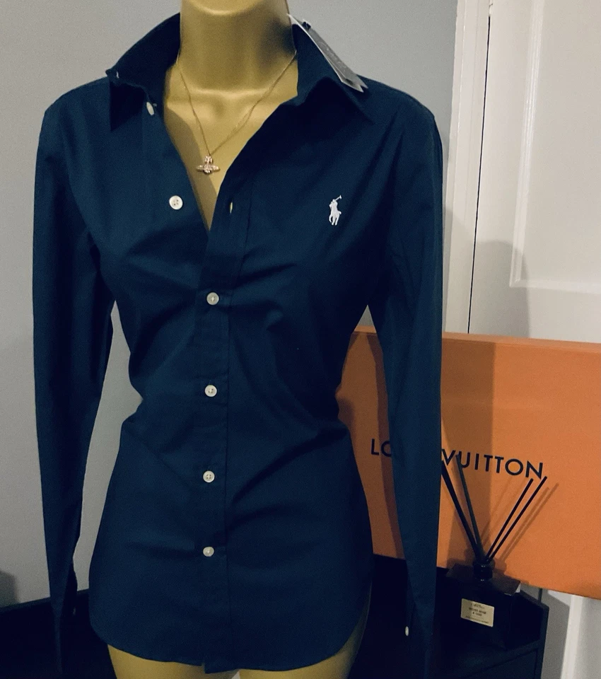 Pristine Ralph Lauren Navy Blue Cotton Blend Shirt Blouse Stunning UK 10 - Image 4 of 4