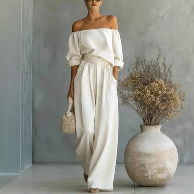 Women Two Piece Outfit Off Shoulder Top Wide Leg Pants Set Casual Wear
