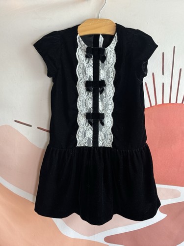 Janie & Jack Black Gold Pindot Velvet Dress With Flower Girl Size 5 Short Sleeve - Picture 2 of 6