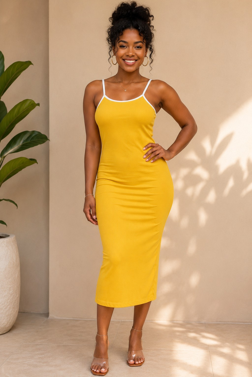 yellow bodycon midi dress Women's Yellow/White Contrast Trim Slip Size M Polyester perfectly complementing your silhouette