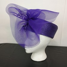 Vtg Sm Purple Church Hat Pillbox Faux Straw Mesh Veil  Bow Woven Ribbons TAIWAN