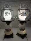 Vintage Pair Hurricane Lamps Milk Glass Blue Floral Brass Base Electric