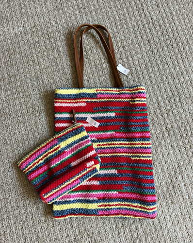 GAP Women's Multicolor Striped Tote Bag with Pouch, Brown Double Handles