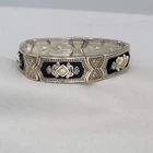 Two Toned Ornate Embossed Panel Bracelet Elastic Black Enamel 7.25"