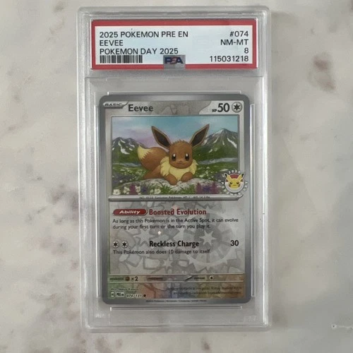 2025 POKEMON PRE EN-PRISMATIC EVOLUTIONS POKEMON DAY 2025 #074 EEVEE PSA 8