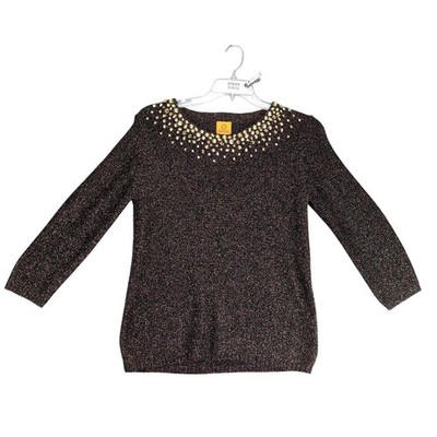 Ruby Rd Metallic Gold Rhinestone Black Top Women's M 3/4 Sleeve Glam Party Fairy