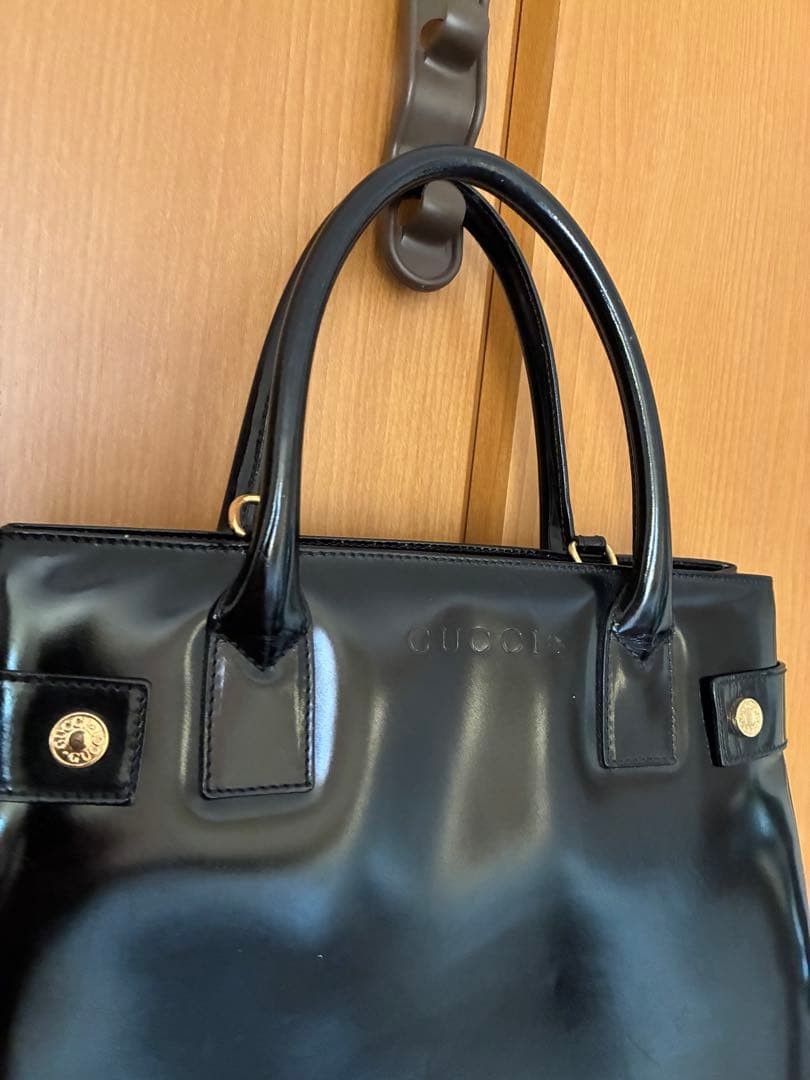 GUCCI Enamel Rectangle Tote Hand Bag Leather Black Gold Hardware Logo From Japan thumbnail 3