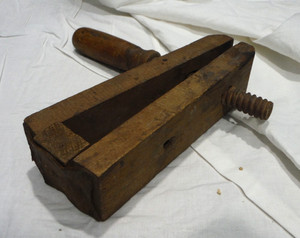 Antique Primitive Hand-made Carpenter's Screw Clamp Wood w/ Leather "Hinge" VGC
