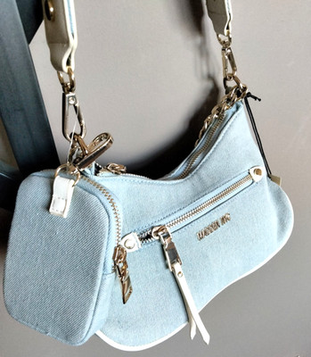 STEVE MADDEN NYC Core Chain Small Crossbody Denim Piping Charm Bag Blue & White