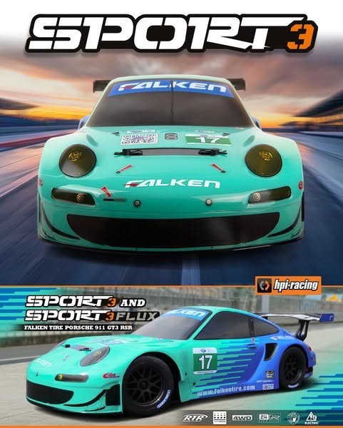 HPI Sport 3 Porsche 911 GT3 RSR Falken Brushed 1/10 4wd RC Car