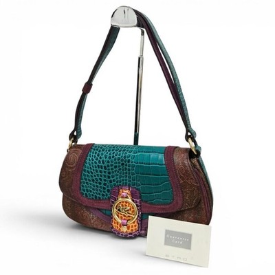 ETRO Pegasus Shoulder Bag Paisley Embossed Leather Turquoise Women's A Authentic