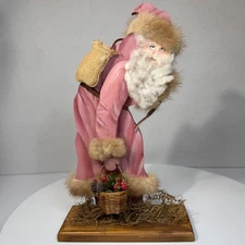 Vintage Primitive Style Old World Santa Claus Wooden Hand Painted Fur Trim