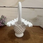 Fenton Miniature Basket, Milk Glass, Hobnail Pattern ruffled 4.25” x 3.5” x 6.5”