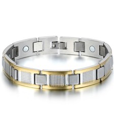 Silver Gold Two Tone Stainless Steel Link Men's Golf Therapy Magnetic Bracelet